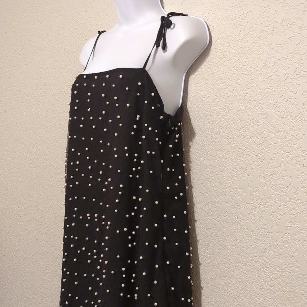 Forever 21 black faux pearl studded shoulder tie mini shift dress - Picture 4 of 8